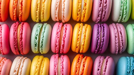 Brightly colored macaroons arranged in a neat row.