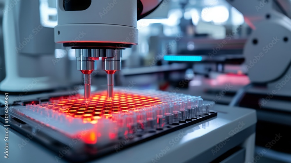Poster a robotic arm with multiple needles is positioned over a grid of small, clear vials. the arm is disp