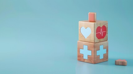 Obraz premium Medical and Healthcare Icons on Wooden Blocks: Visualizing Health Solutions