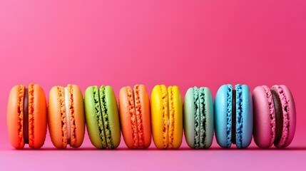 Brightly colored macaroons arranged in a neat row.