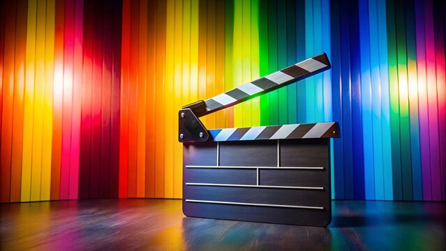 A black clapperboard rests on a dark wooden surface with a vibrant multi-colored striped background.
