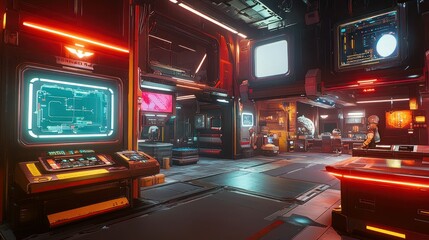 Obraz premium Futuristic Interior of a Spacecraft with a Person Standing by a Console