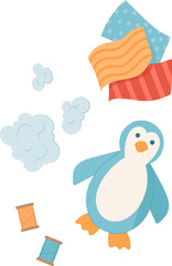 Cute penguin character surrounded by colorful fabric and sewing supplies. Fun DIY activity for children and craft enthusiasts. Concept of crafting creative exploration in a flat style.