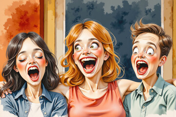Three friends laughing hysterically with open mouths