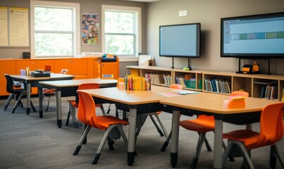 Empty classroom with orange chairs and desks.