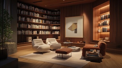 A serene and modern home library with a mix of sleek and warm wood finishes