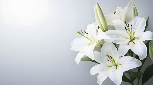 branch of white lilies flowers, mourning or funeral background, condolence card with copy space for text - Powered by Adobe