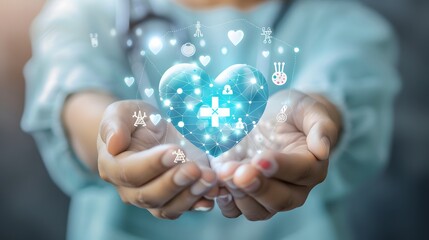 Future of Healthcare: Doctor's Hands Holding a Holographic Medical Plus Sign for Health Insurance Concept