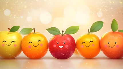 Cute fruit clipart with smiling faces on apples and oranges.

