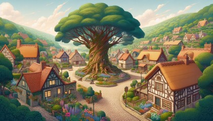 Obraz premium A whimsical village scene featuring a large tree at its center, surrounded by charming houses.