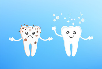 Funny cute smile and sad teeth characters. Dental health.