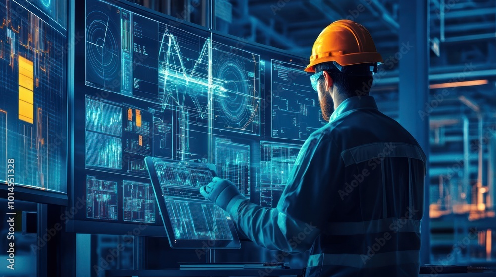 Poster Industrial Worker Monitoring Data on Multiple Screens
