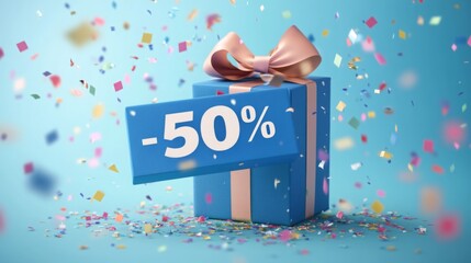 A vibrant blue gift box adorned with a ribbon sits against a blue backdrop, featuring a bold tag that reads minus fifty percent. Colorful confetti falls around, creating a festive atmosphere.