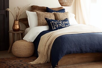A cozy bedroom with woven decor, a wooden bed frame, navy blue bedding, and textured pillows. A wicker light fixture and natural vase with dried plants add a warm, bohemian touch