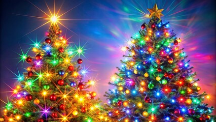 A Festive Tableau of Two Ornate Evergreen Trees Adorned with Shimmering Lights and Colorful Ornaments, Illuminated by a Starry Night Sky.