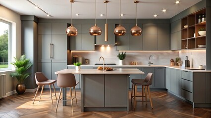 Embrace contemporary design with a modern minimalist kitchen showcasing grey cabinets and rose gold accents, offering