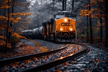 A CSX freight train moves through a misty forest during autumn. Bright yellow leaves and the vibrant train contrast against the foggy, muted background, creating a dynamic and atmospheric scene