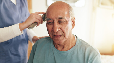 Obraz premium Hair, elderly man and brushing with caregiver in nursing home for consultation, wellness and empathy. Nurse, senior person and morning as helping hand, assistance or support for routine in retirement