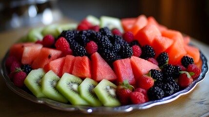 Fresh fruit platter with watermelon, berries, and kiwi.