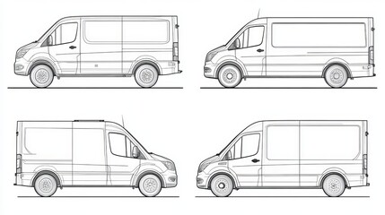 A set of minivan blueprints showcasing various views. The commercial van mockup is ideal for branding, marketing, and advertising purposes.