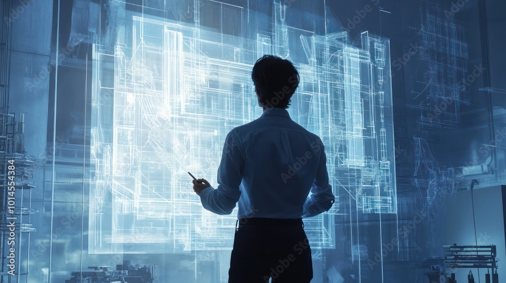 Poster a man analyzing a holographic architectural design