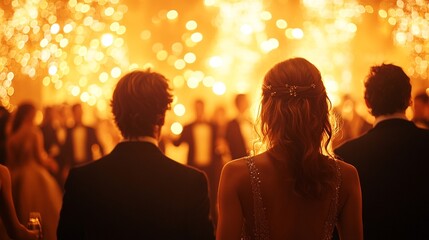 Guests in formal attire enjoy dancing at a party, with a backdrop of golden lights and a blurred, festive atmosphere.
