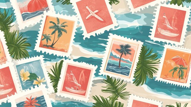 A seamless pattern featuring a set of vintage summer postcard stamps. Retro-style beach vacation postage sticker designs, creating a background illustration. 