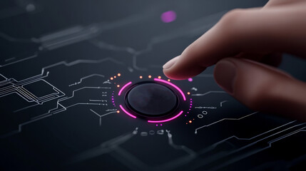 Fingertip Power: A close-up shot of a hand pressing a glowing button on a futuristic, circuit board background, suggesting technological advancement and the power of human interaction.