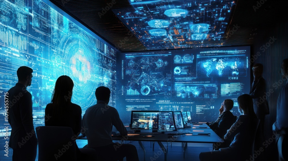 Poster silhouetted figures analyzing data in a futuristic control room