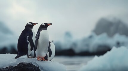 Obraz premium Penguins huddling together on an ice shore.