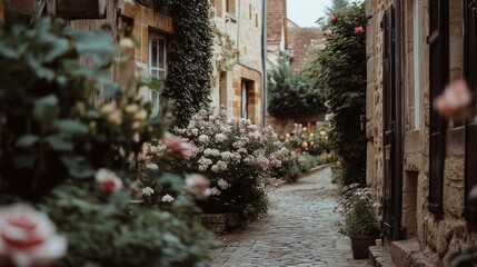 Stone Pathway Lined with Lush Greenery and Pink Flowers in a European Village