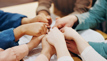 Spiritual, holding hands and group with faith, praying and friends with belief, Christian and God. Respect, religion and circle of people, bible study and worship of holy spirit, guide and scripture