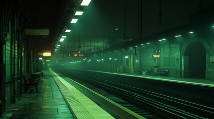 Foggy Night at Empty Train Platform