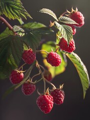 Striking Cinematic Closeup of Lush Raspberry Tree Branch with Intricate Light and Shadow