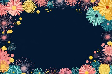 Obraz premium Vector illustration with bright colorful fireworks border on a dark blue background, space for text. Flat style design. Concept for holiday celebration, greeting card, poster, with generative ai