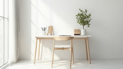 A modern, white home office with a wooden desk and chair. Sunlight streams through a nearby window. A potted plant sits on the desk.
