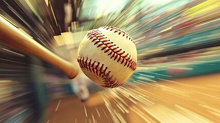 Baseball is flying through the air after being hit by a wooden bat, creating a sense of speed and power. The image captures the excitement and energy of the sport