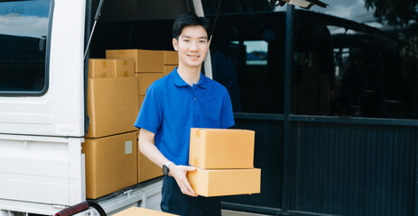 Asian courier delivery man searching the address on digital tablet.  near van outside the...