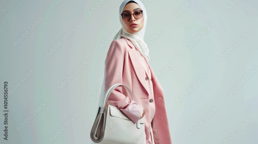 Poster A woman wearing a pink blazer and a white hijab, holding a white handbag