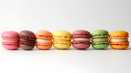 Brightly colored macaroons arranged in a neat row.