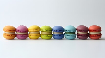 Brightly colored macaroons arranged in a neat row.