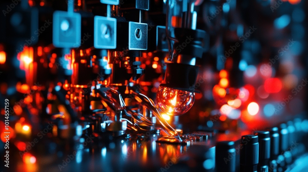 Poster close-up of a glowing light bulb in a complex industrial machine