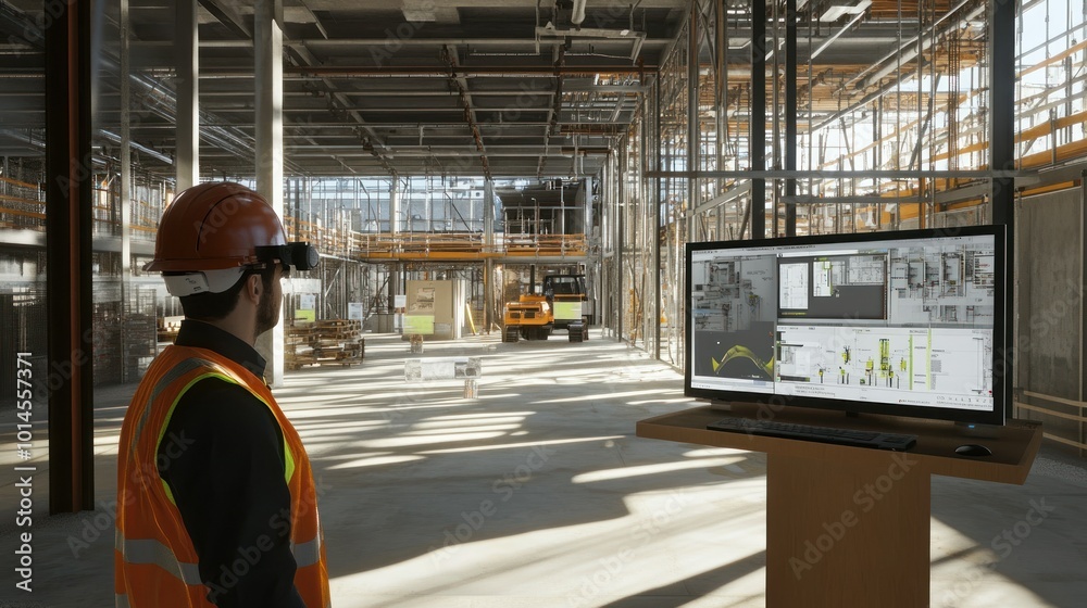 Poster Construction Worker Reviewing Building Plans on a Large Monitor in an Empty Building
