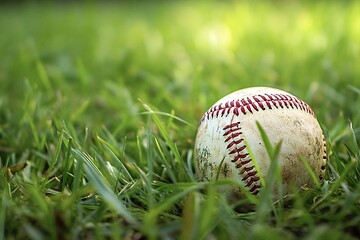 Worn baseball rests in lush green grass, ready for play in a thrilling game. The red and white stitches show signs of wear from hits and catches, evoking memories of summer days playing ball