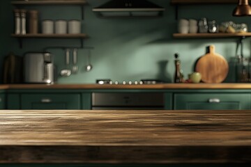Wooden countertop on blurred kitchen room background, modern green kitchen interior.