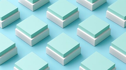 A pattern of mint-colored boxes arranged neatly on a light blue background, suggesting packaging or storage solutions.