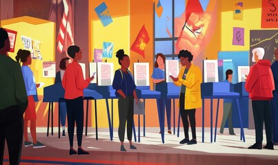 People voting in a colorful room.