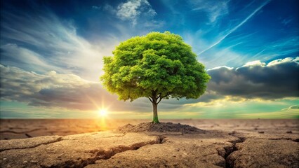 A solitary tree, its leaves vibrant green, stands defiantly amidst a cracked and parched earth, a beacon of hope and resilience against the backdrop of a vibrant sunset sky.