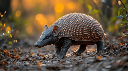 Fototapeta premium Armadillo searching for food in the morning sunrise