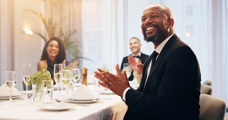 Applause, champagne and man at party for celebration, social event and gathering. Glass, luxury and men and women with liquor or fine dining and speech at gala, new years eve and business dinner